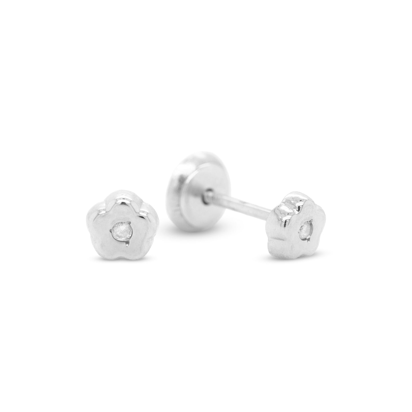 18K White Gold & Diamond Tiny Flower Screwback Earrings