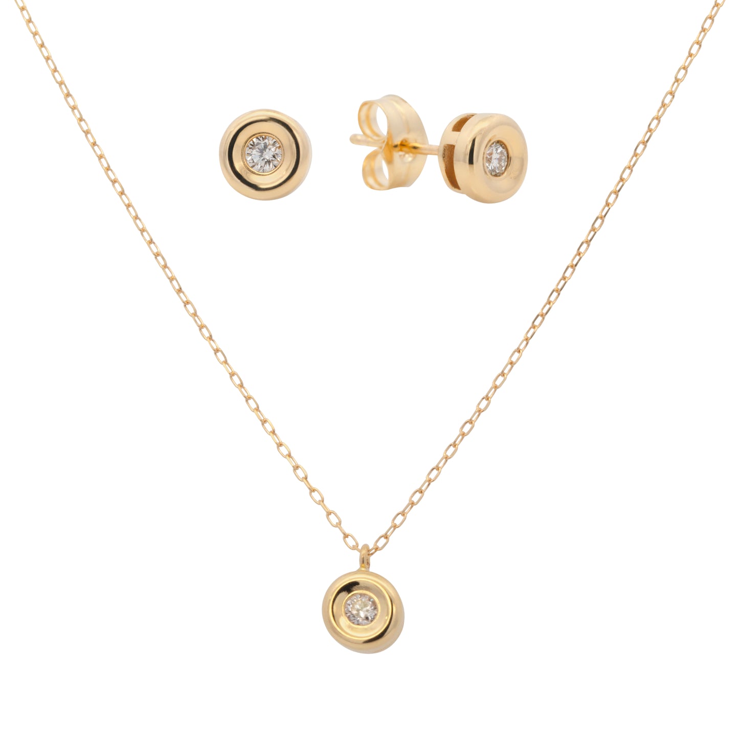 18K Yellow Gold & Diamond Bezel Earrings and Necklace Set