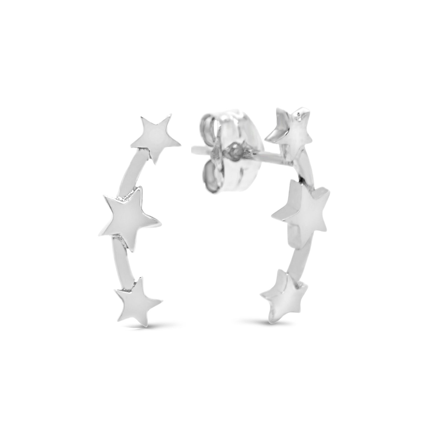 18K White Gold Medium Triple Stars Earclimber Pushback Earrings