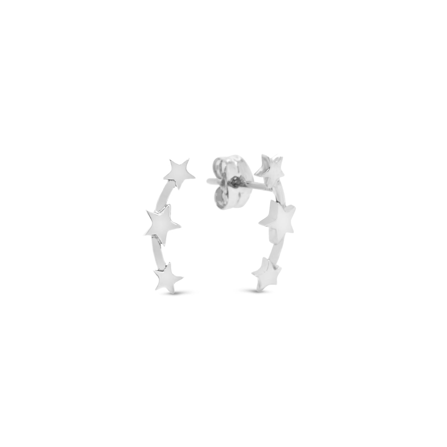 18K White Gold Small Triple Stars Earclimber Pushback Earrings