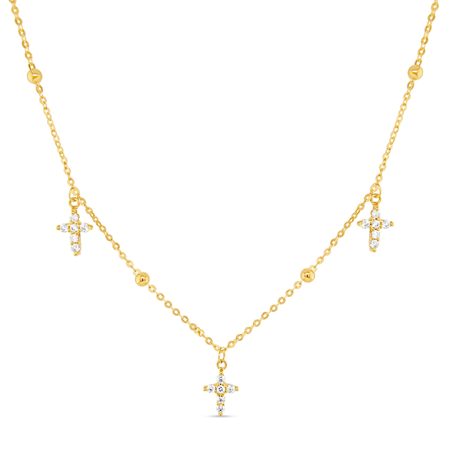 18K Yellow Gold CZ Dangle Crosses Necklace