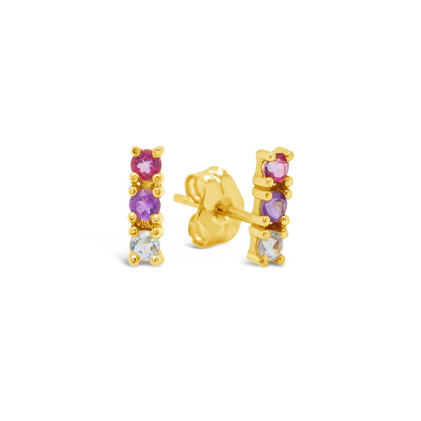 18k Yellow Gold Amathyst, Pink and Sky Topaz Bar Pushback Earrings
