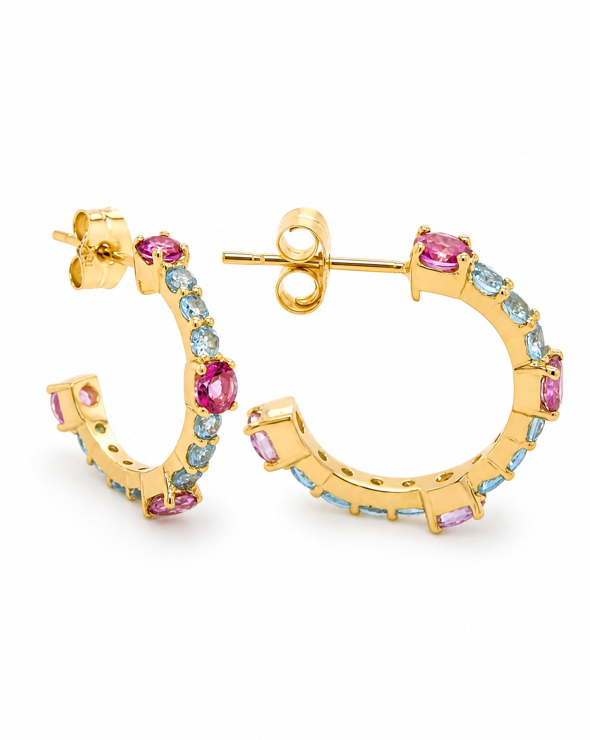 18K Yellow Gold Pink Topaz & Sky Blue Topaz Hoop Pushback Earrings