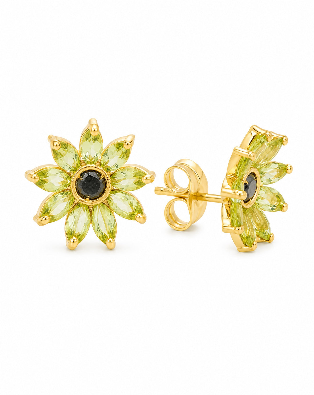18k Yellow Gold Floral Peridot and Black Diamond Pushback Earrings