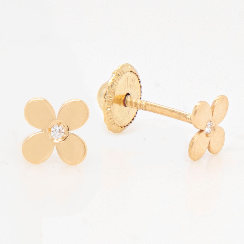 18K Yellow Gold CZ 4 Petals Flower Screwback Earrings