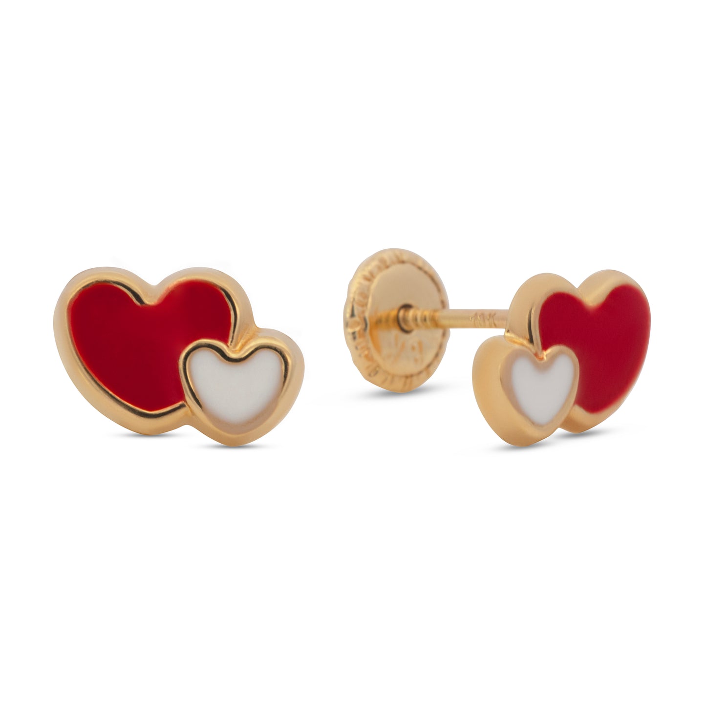 18K Yellow Gold Red Double Hearts Enamel Screwback Earrings