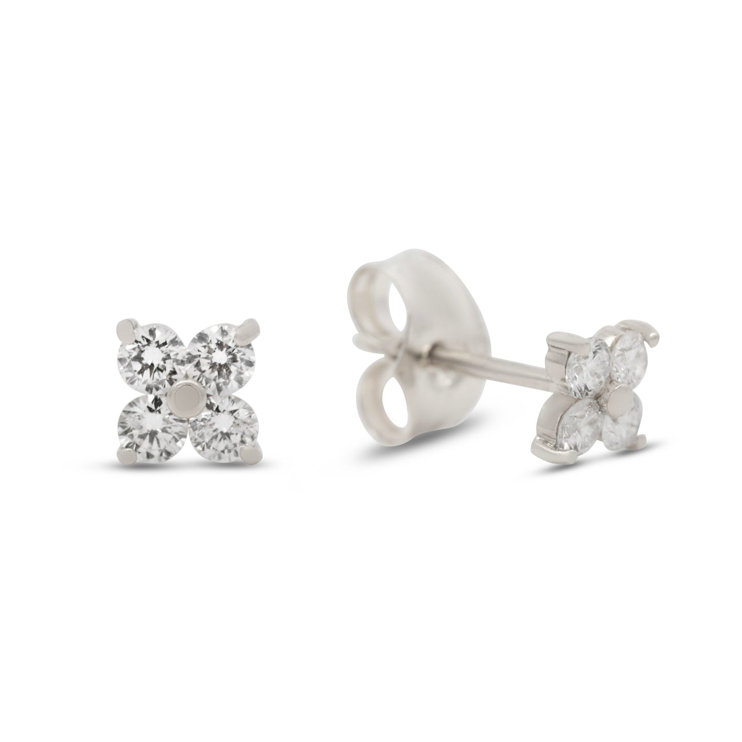 18K White Gold Medium Flower Cluster Diamond Pushback Earrings
