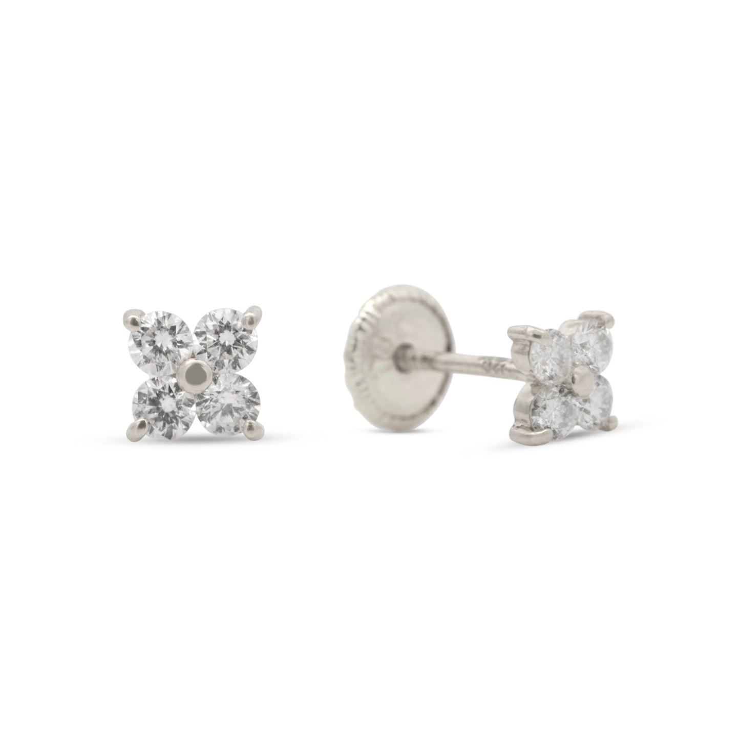 18K White Gold Medium Flower Cluster Diamond Screwback Earrings