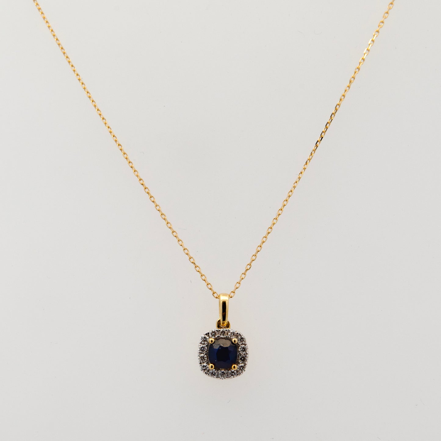 18K Yellow Gold Cushion Sapphire and Diamond Pendant Necklace