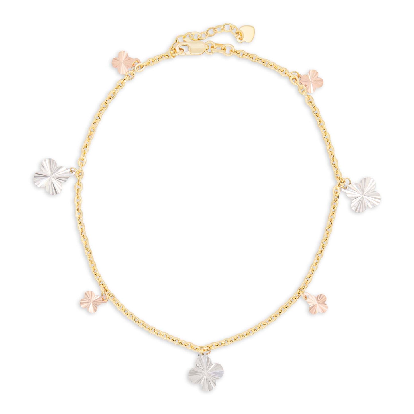 14K Tri-Color Gold Dangling Diamond Cut Clover Charm Anklet