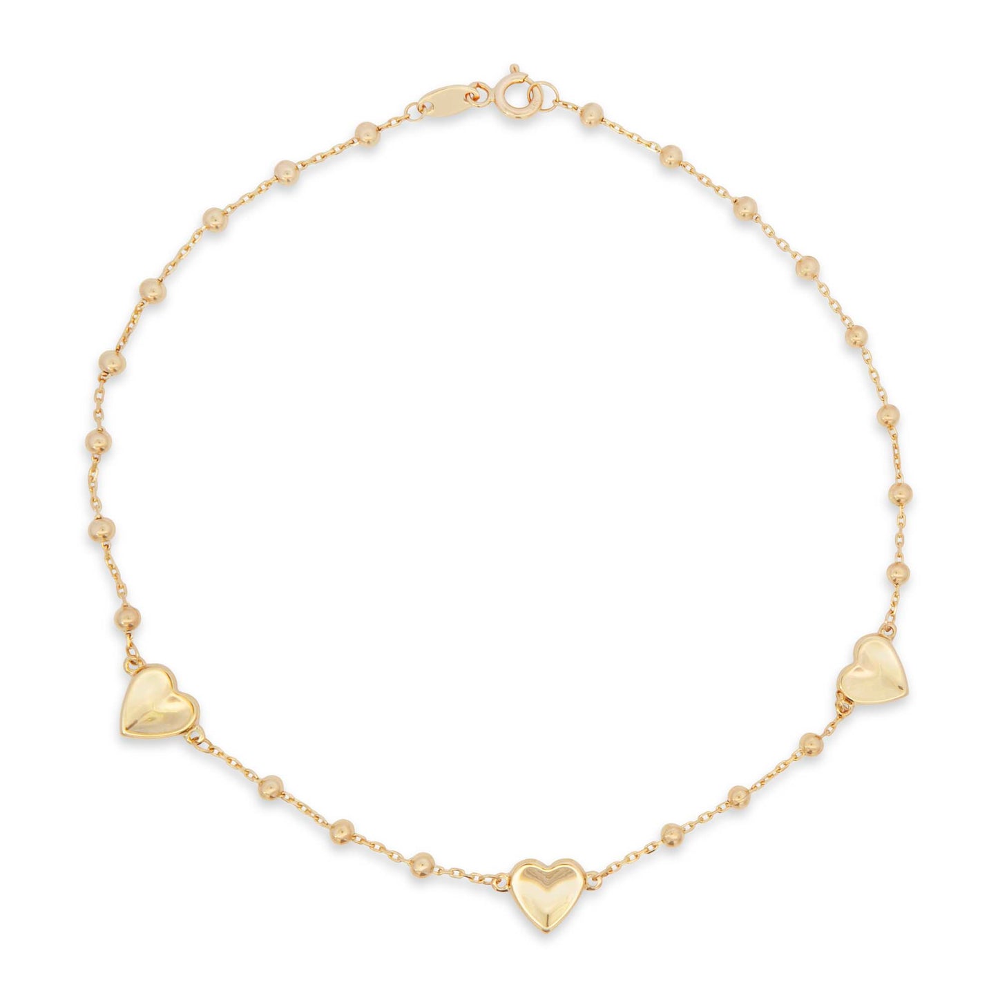 14K Yellow Gold Heart & Beaded Station Anklet