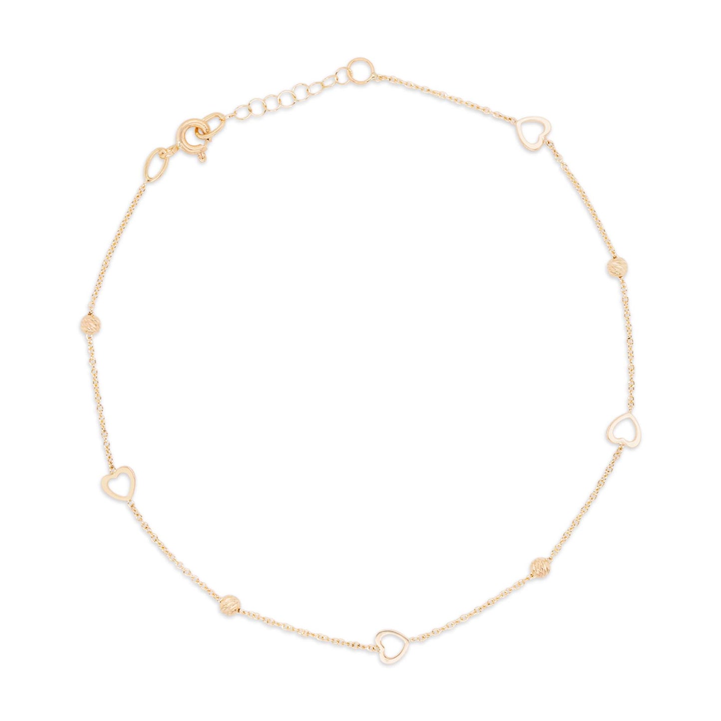 14K Yellow Gold Open Heart & Bead Station Anklet
