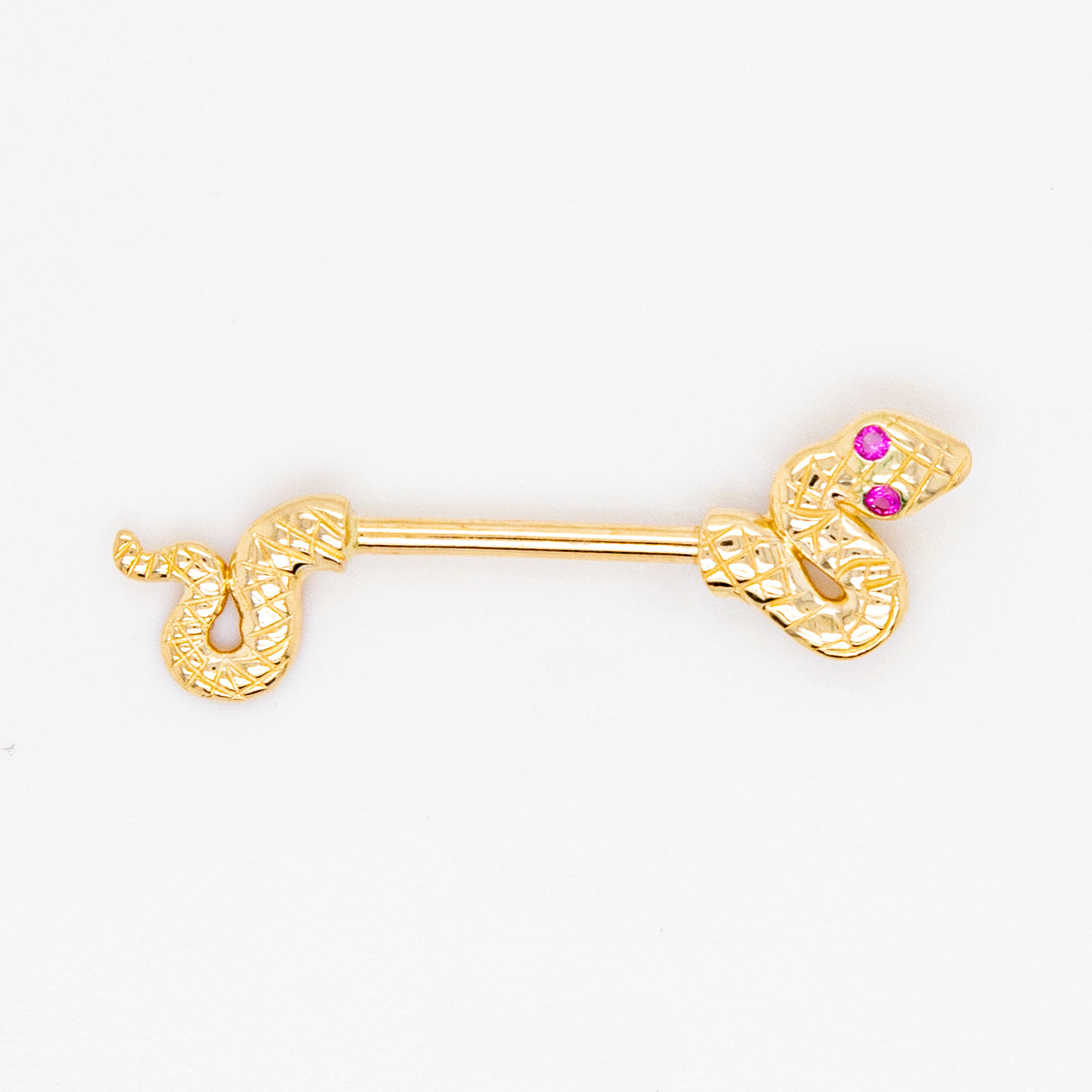 14K Yellow Gold Snake with Pink CZ Eyes Barbell Nipple Piercing