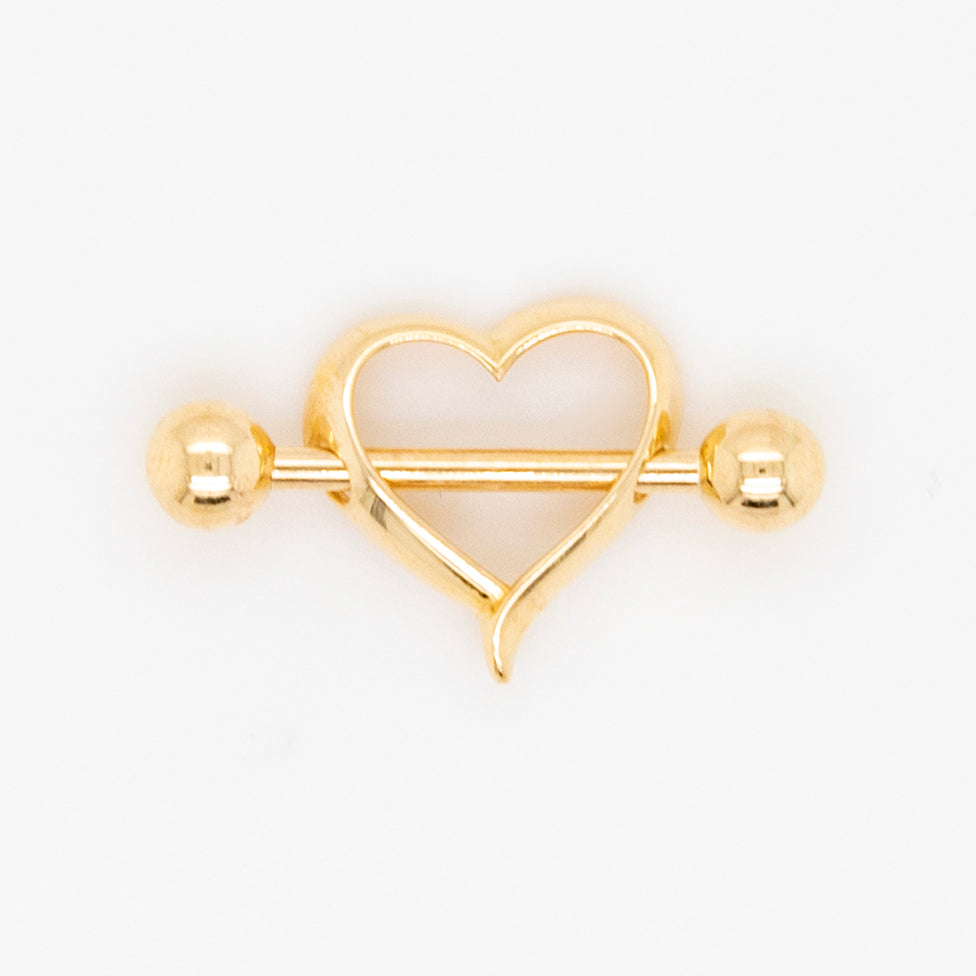 14K Yellow Gold Medium Open Heart Barbell Nipple Piercing