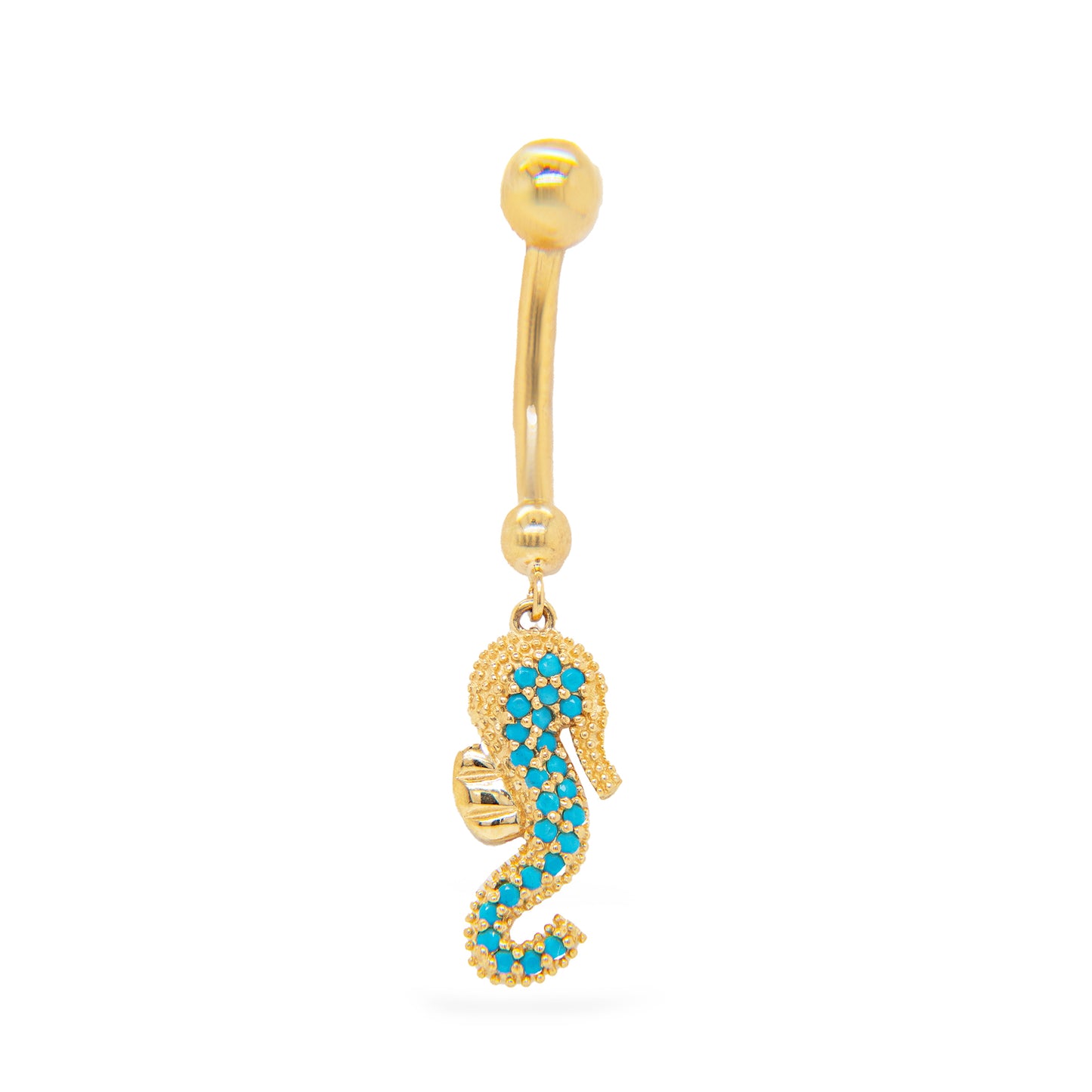14K Yellow Gold Ligh Blue CZ Sea Horse Dangle Belly Ring