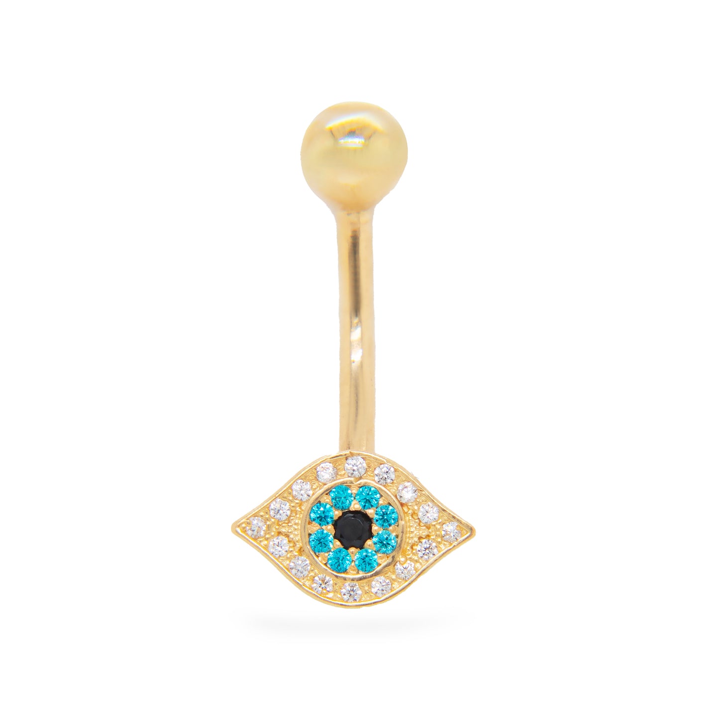 14K Yellow Gold White & Blue CZ Evil Eye Dangle Belly Ring