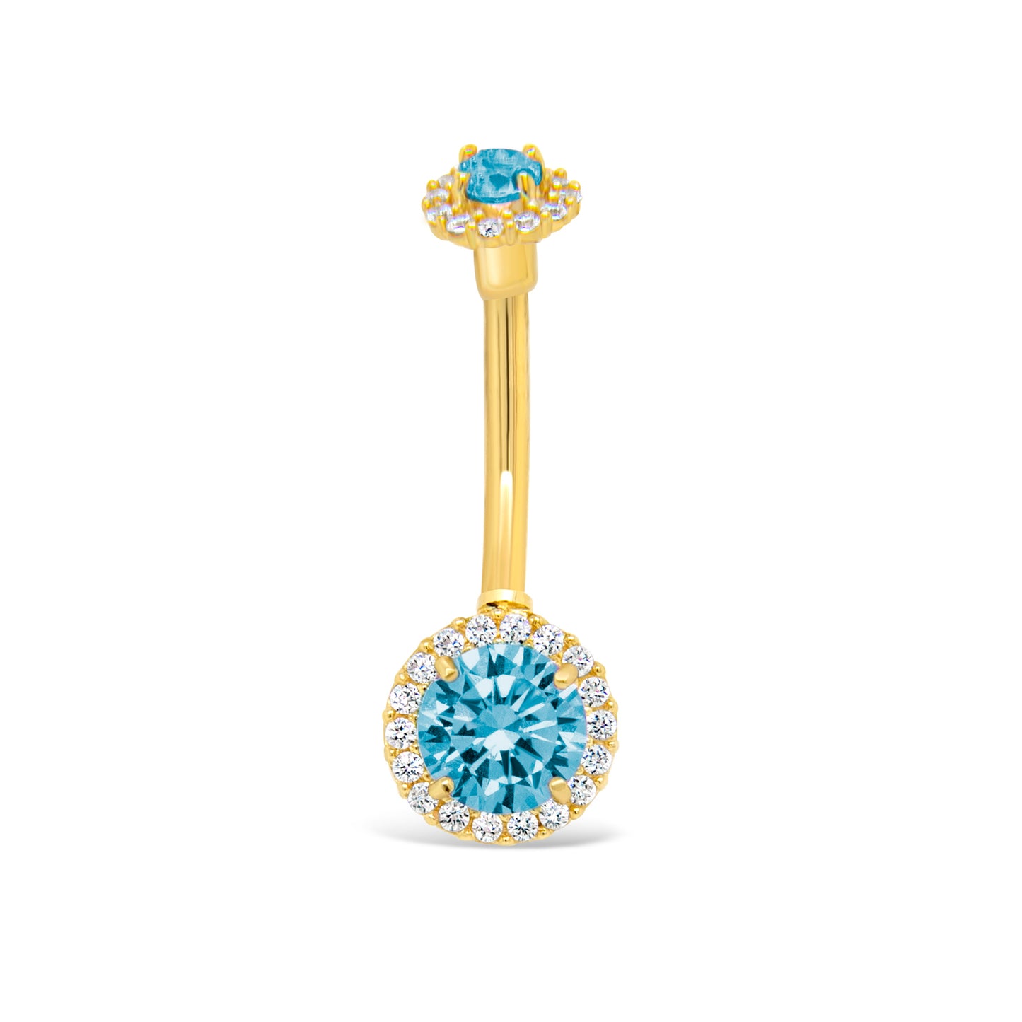 14K Yellow Gold Medium Light Blue CZ Solitaire & Cluster Top Belly Ring