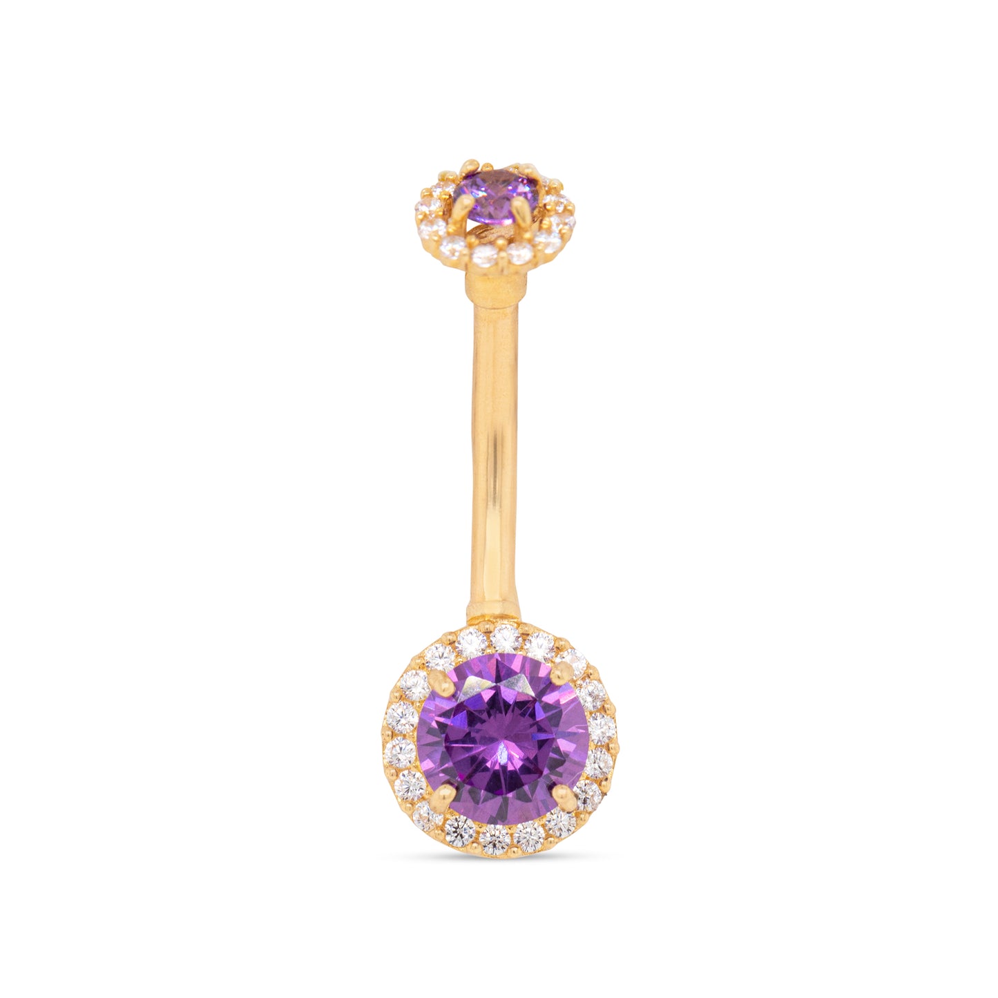 14K Yellow Gold Medium Purple CZ Solitaire & Cluster Top Belly Ring