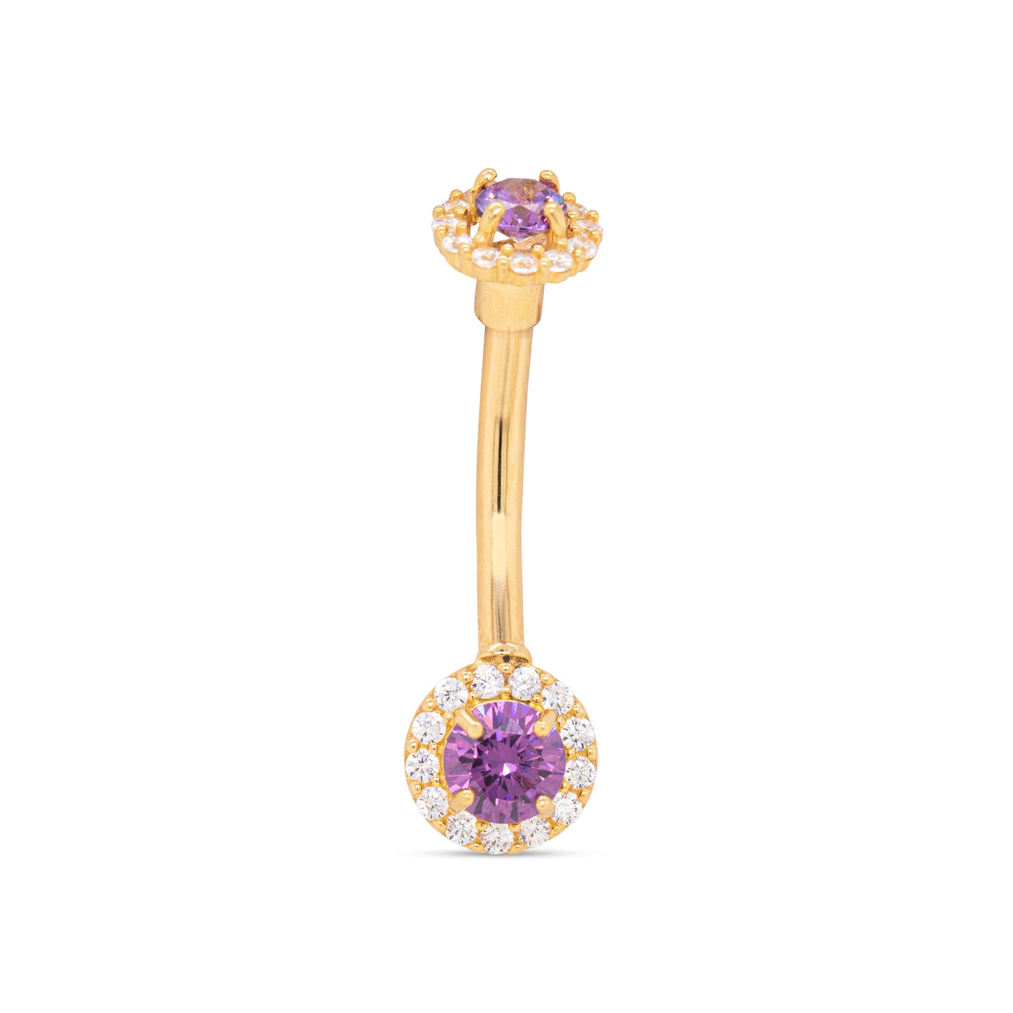 14K Yellow Gold Small Purple CZ Solitaire & Cluster Top Belly Ring