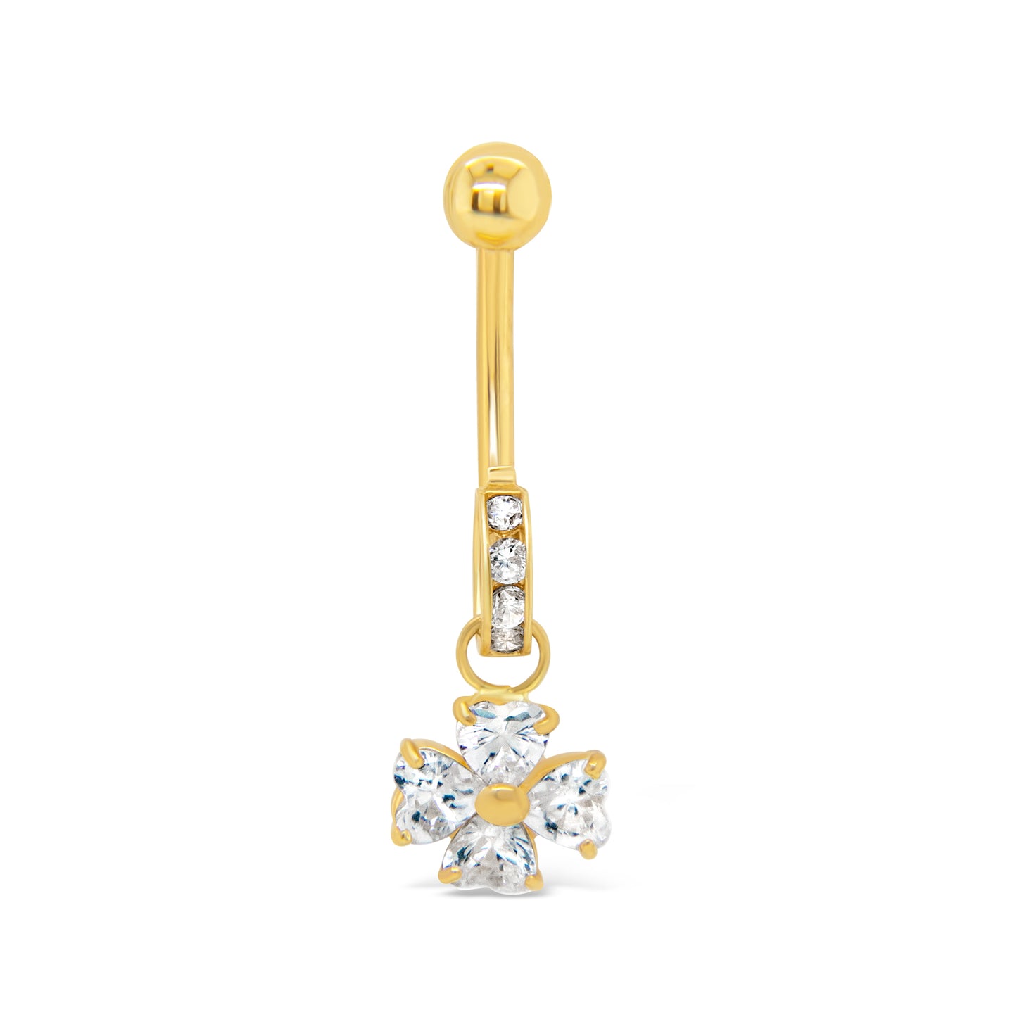 14K Yellow Gold White CZ Marquise Clover Dangle Belly Ring