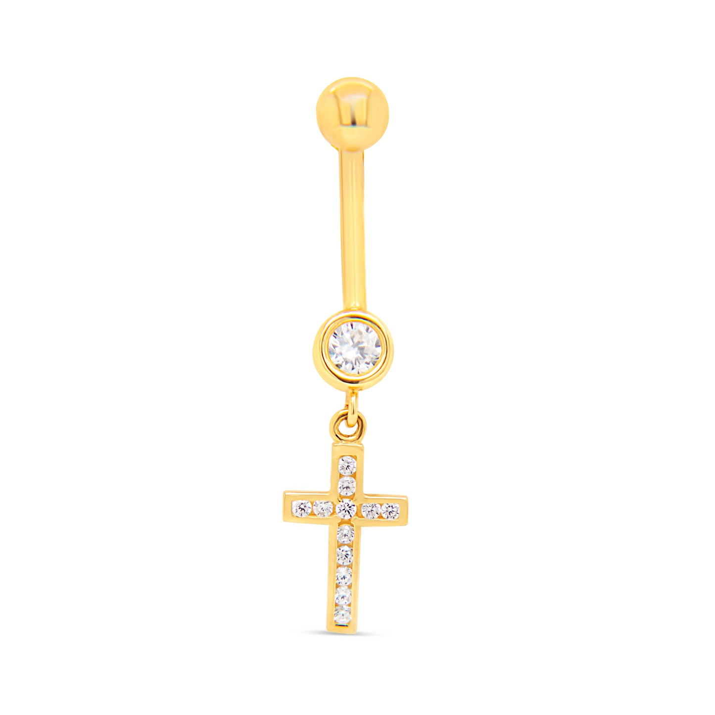 14K Yellow Gold White CZ Cross Dangle Belly Ring