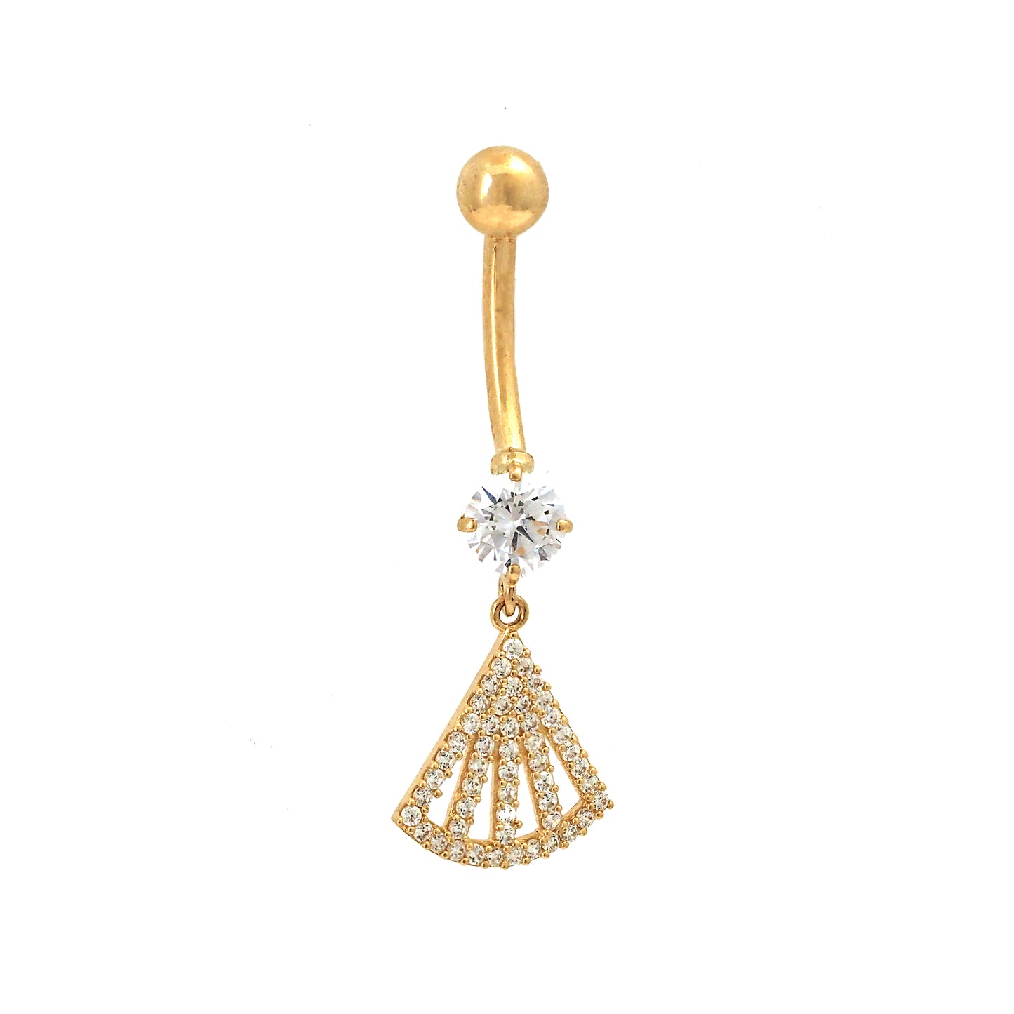 14K Yellow Gold White CZ Fan Dangle Belly Ring