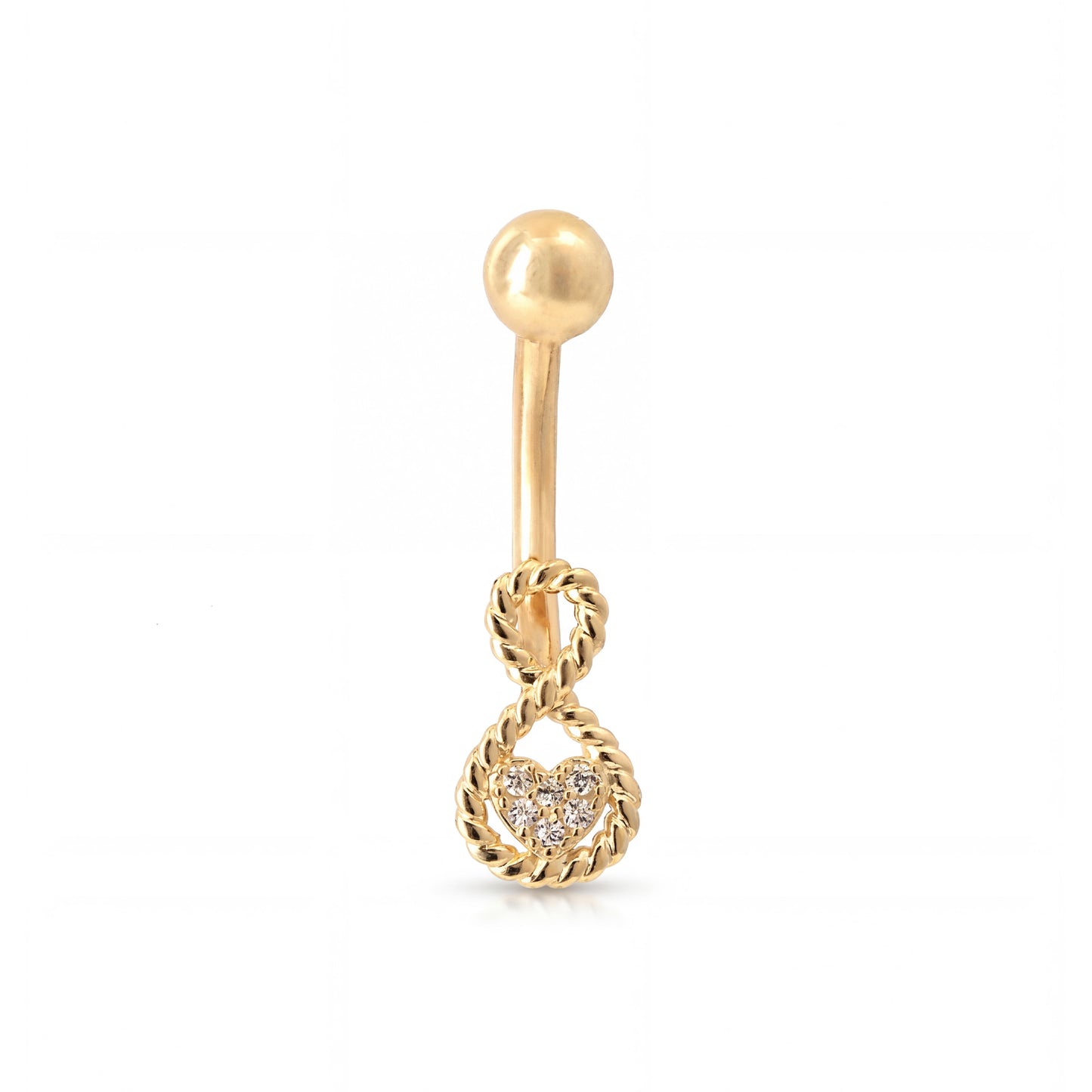 14K Yellow Gold White CZ Rope Infinity Heart Dangle Belly Ring
