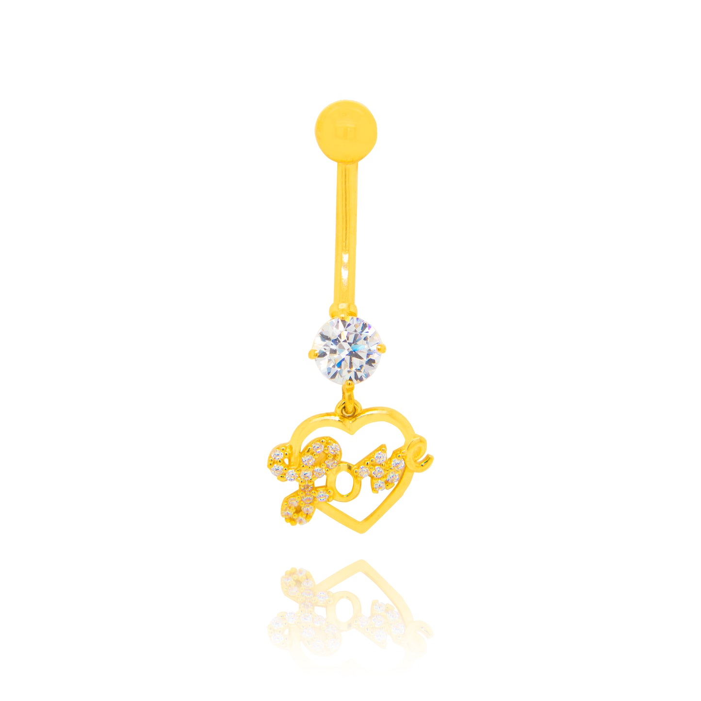 14K Yellow Gold White CZ Open Heart & CZ Love Dangle Belly Ring