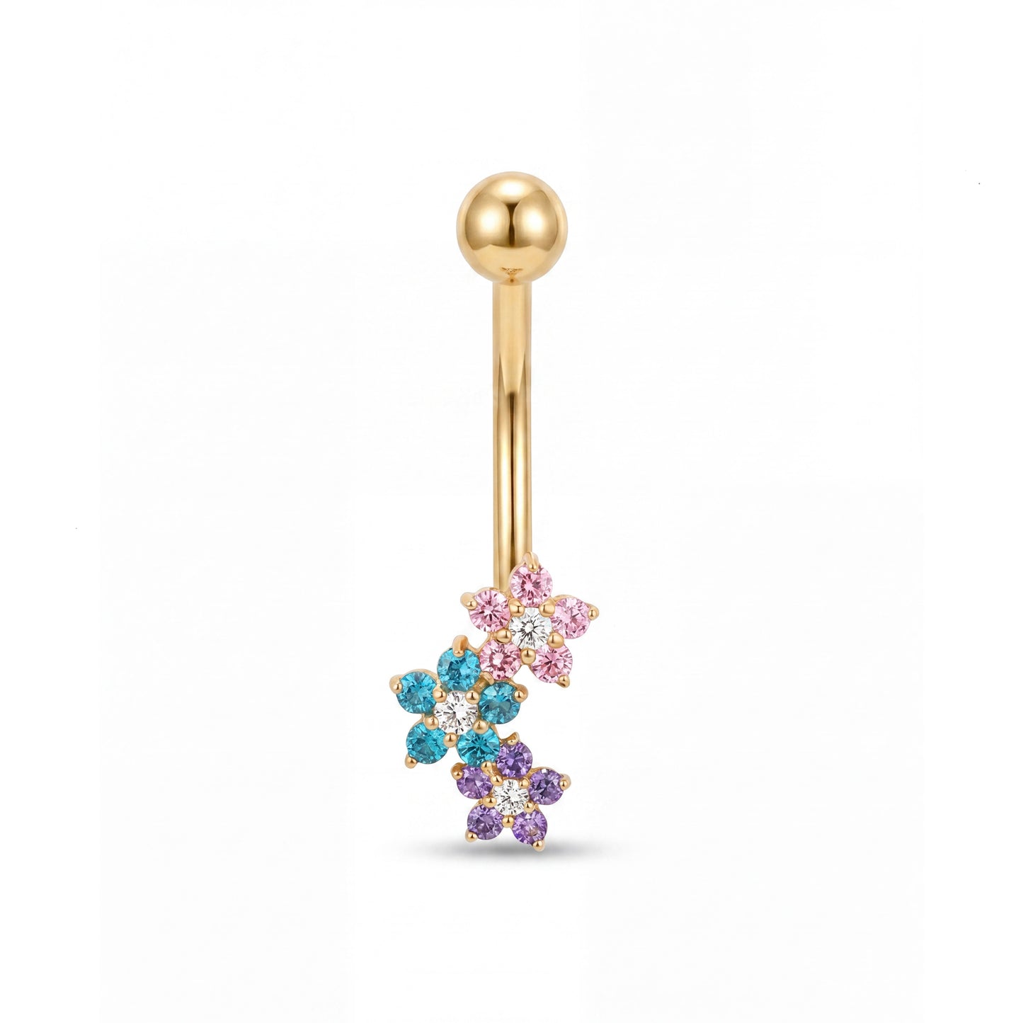 14K Yellow Gold Multi-Color CZ Floral Cluster Belly Ring