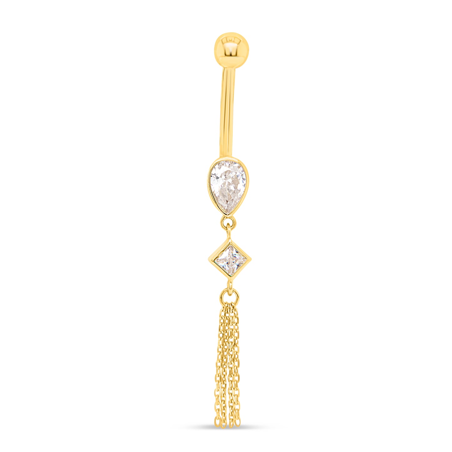14K Yellow Gold White CZ Teardrop, Square & Chain Belly Ring