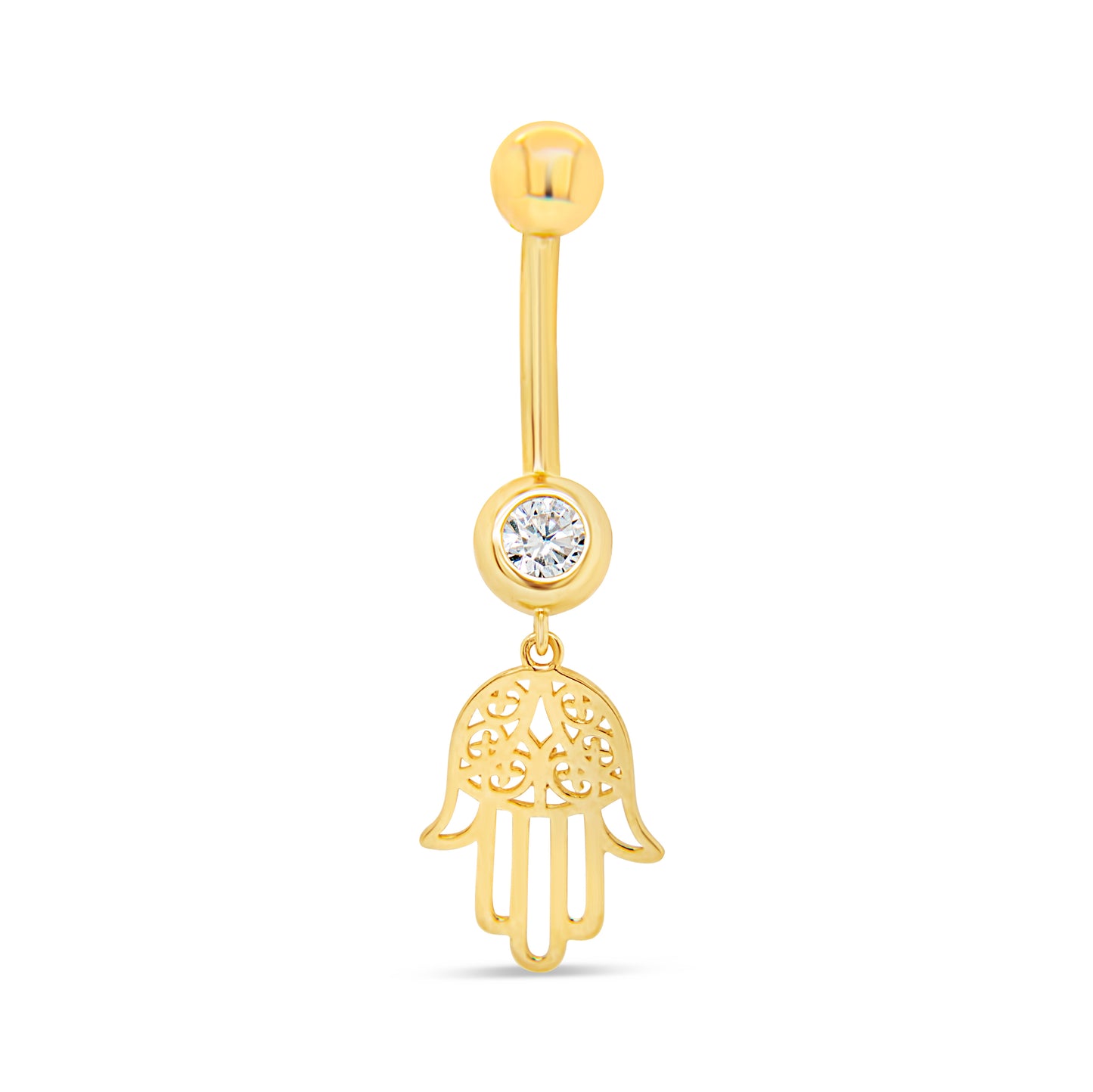 14K Yellow Gold White CZ Hamsa Dangle Charm Belly Ring