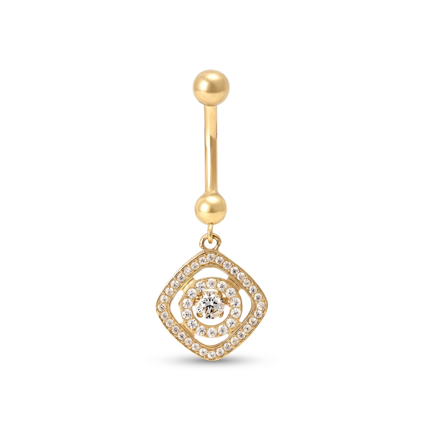 14K Yellow Gold White CZ Square Dangle Belly Ring
