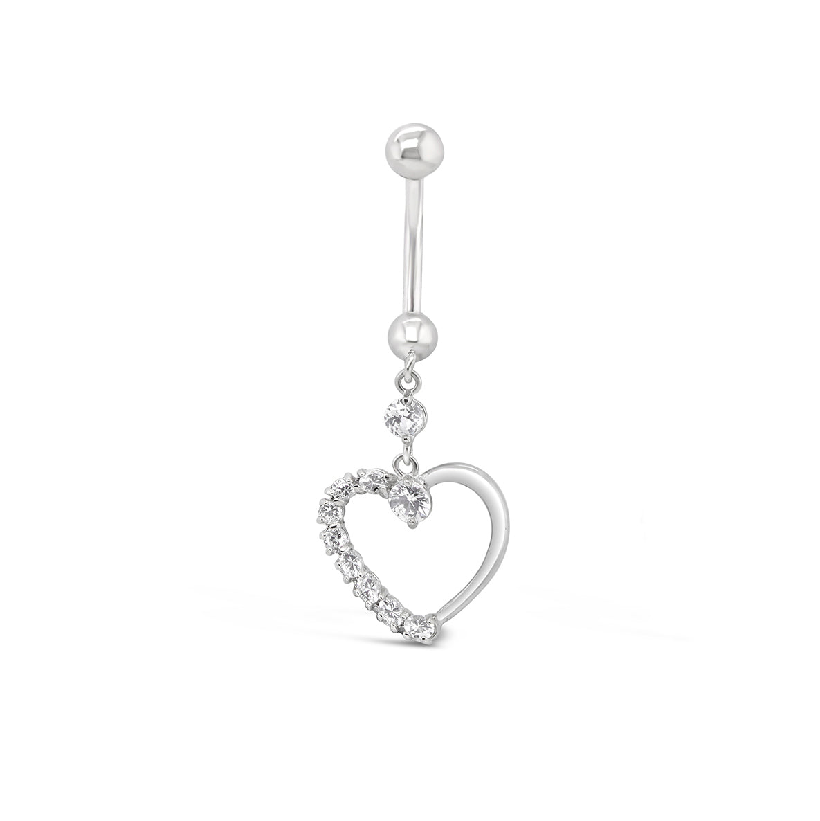14K White Gold Clear Half White CZ Open Heart Dangle Belly Ring
