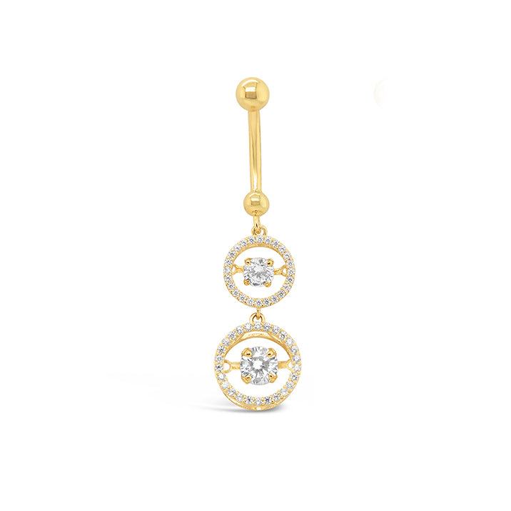 14K Yellow Gold White CZ Open Double Circle with CZ Center Dangle Belly Ring