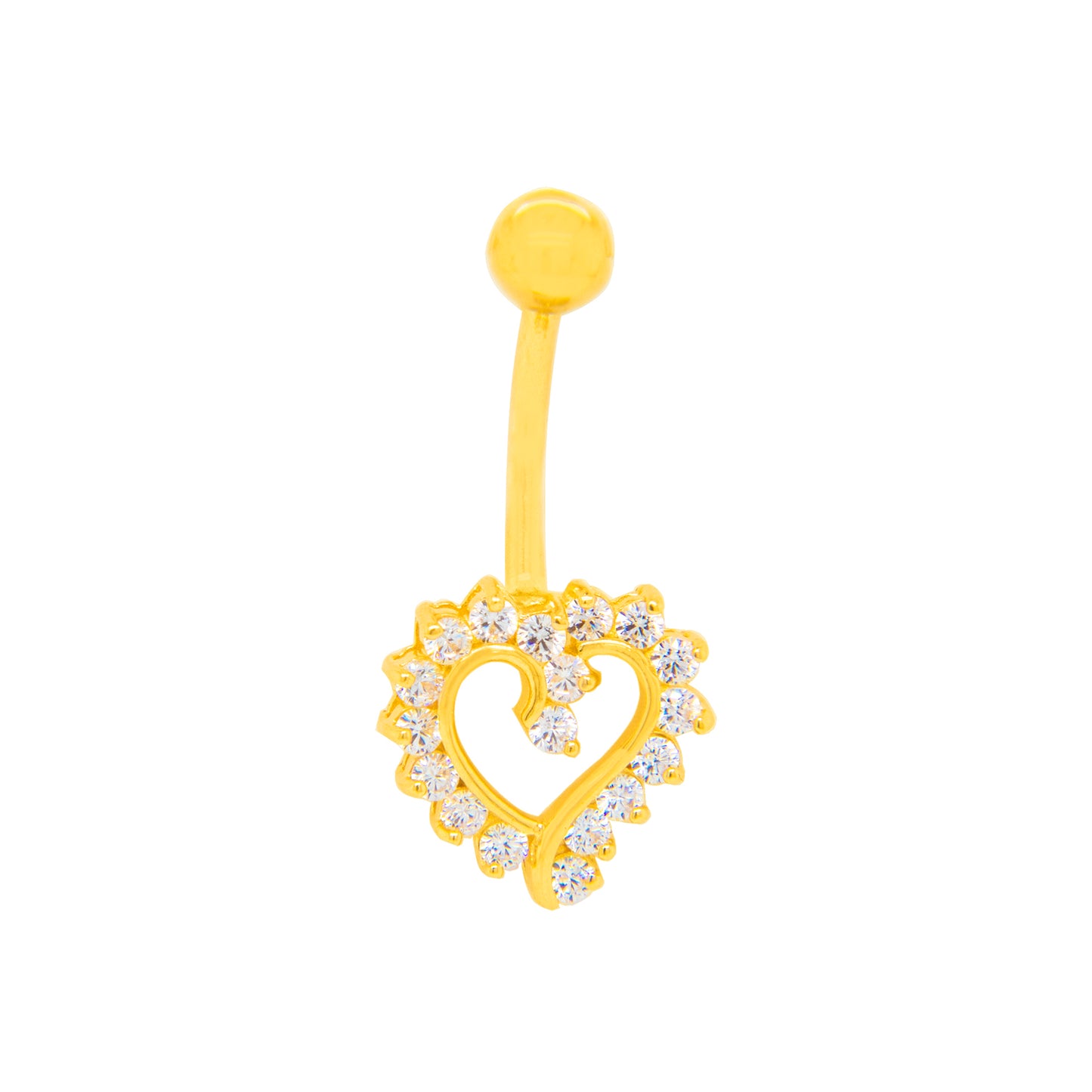 14K Yellow Gold White CZ Flowing Open Heart Dangle Belly Ring