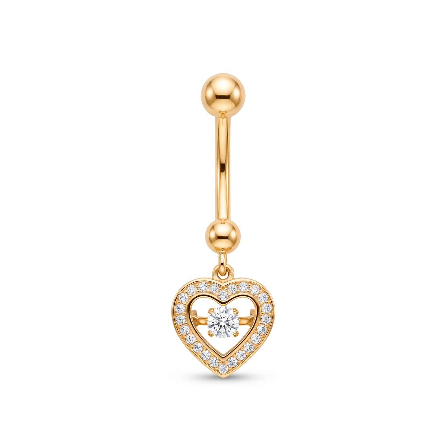 14K Yellow Gold White CZ Halo Open Heart with CZ Accent Dangle Belly Ring