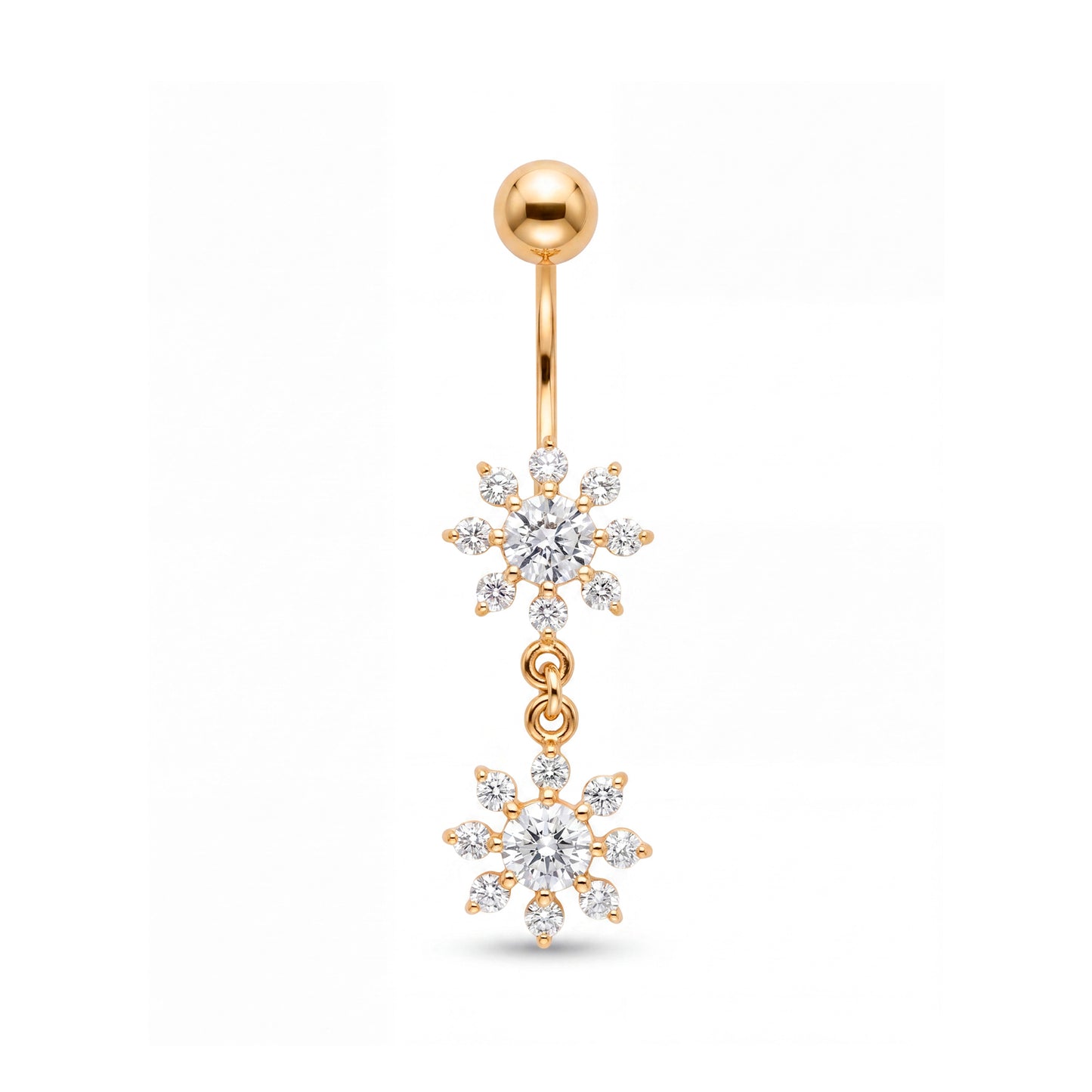 14K Yellow Gold White CZ Double Flower Dangle Belly Ring