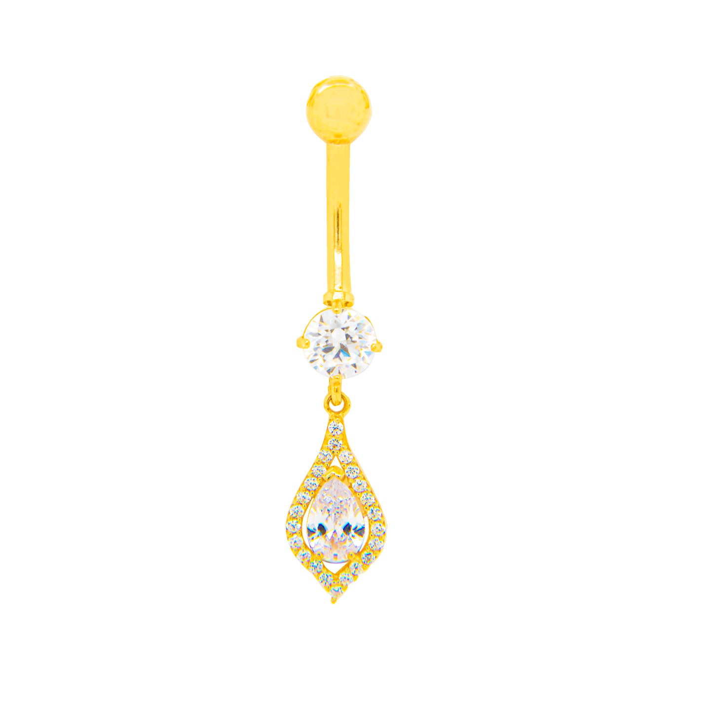 14K Yellow Gold White CZ Solitaire Drop Pear Halo Belly Ring