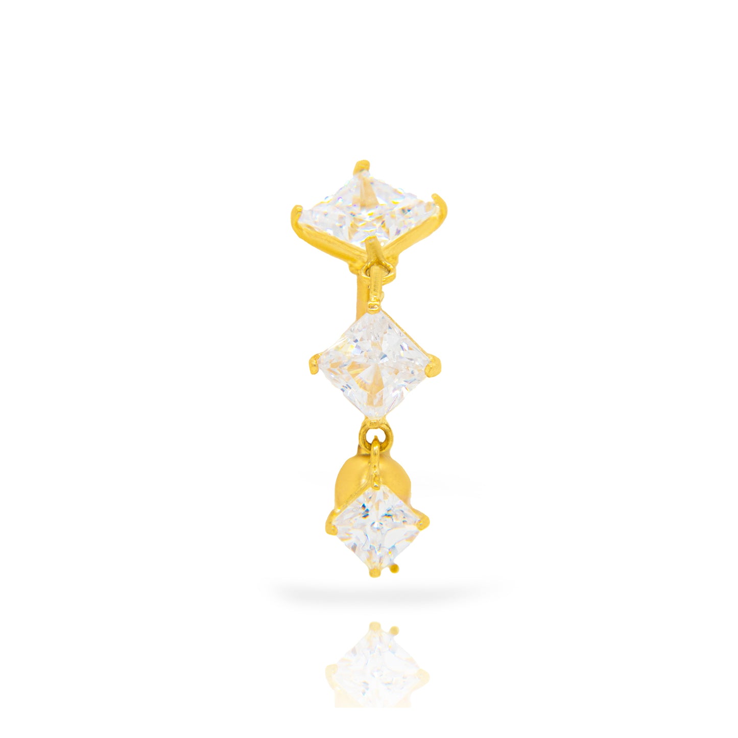 14K Yellow Gold White CZ Triple Princess-Cut Dangle Belly Ring