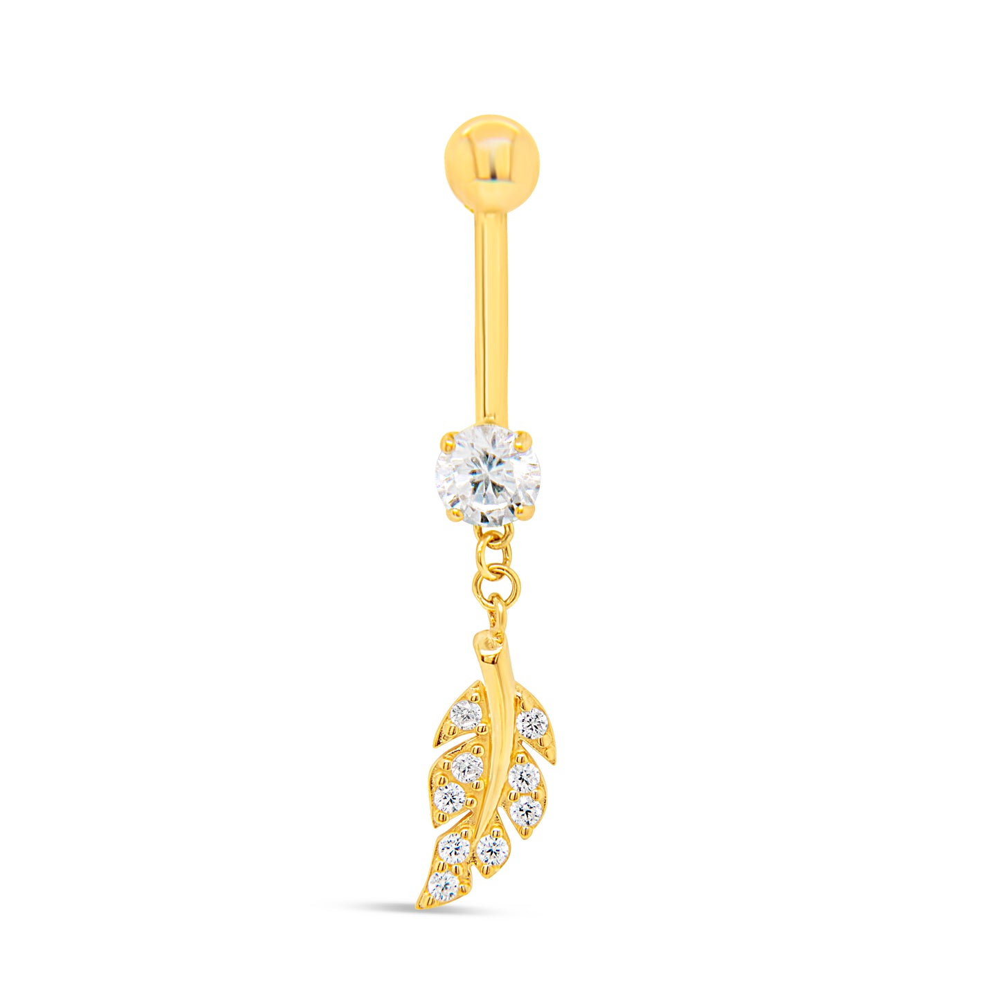 14K Yellow Gold White CZ Leaf Dangle Belly Ring