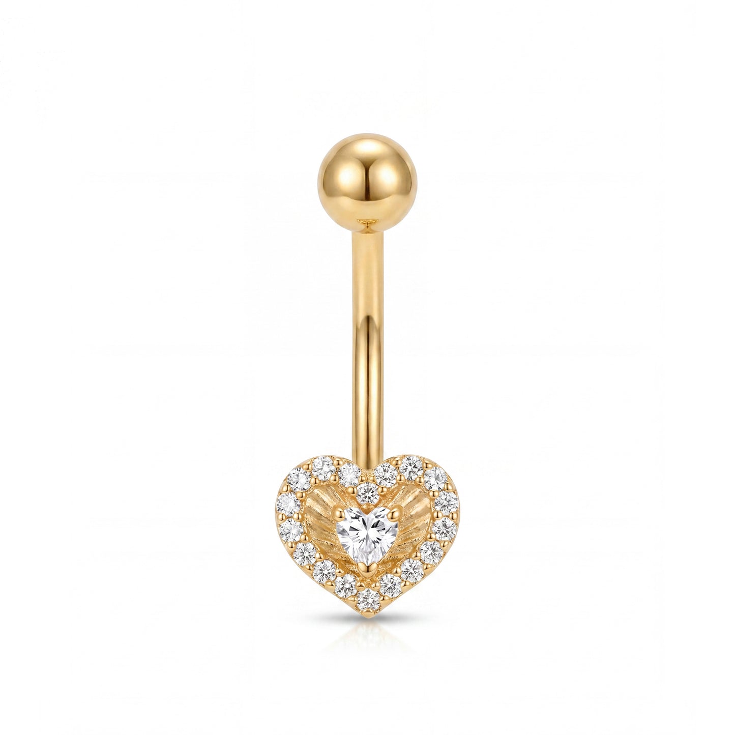 14K Yellow Gold Halo White CZ Detailed Heart with CZ Center Belly Ring