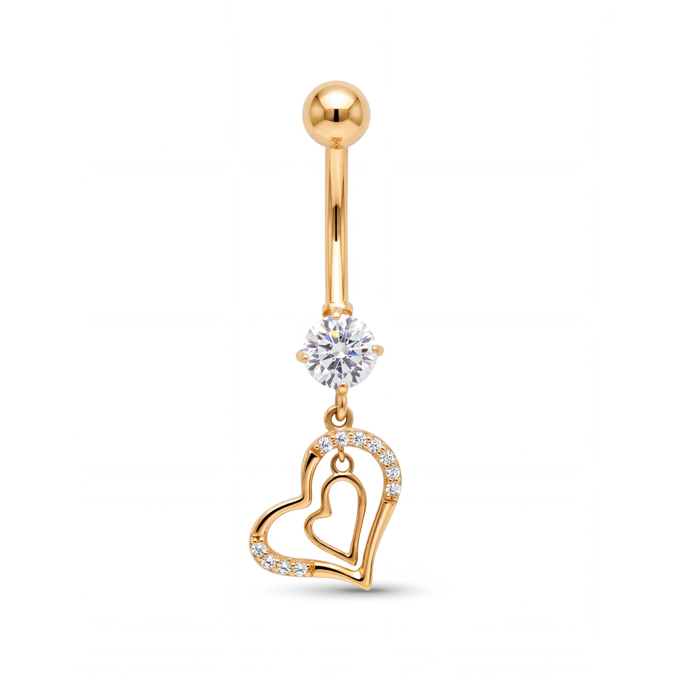 14K Yellow Gold White CZ Open Double with CZ Accents Dangle Belly Ring