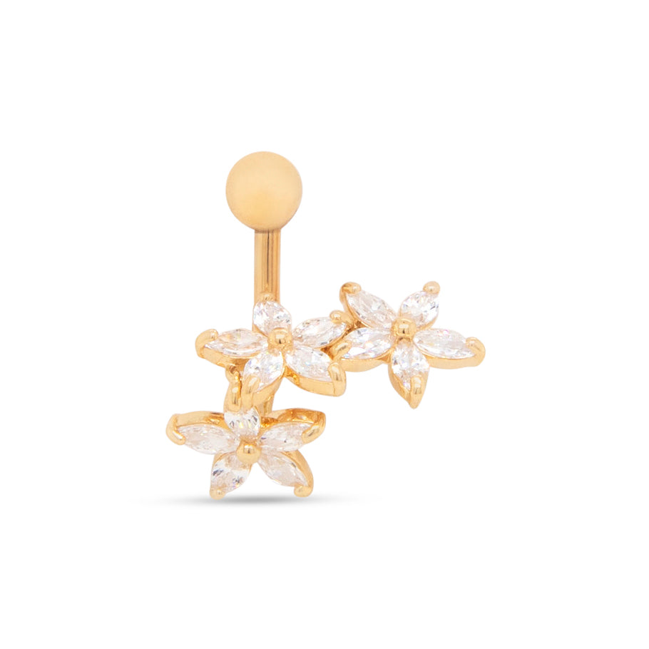 14K Yellow Gold White CZ Floral Belly Ring