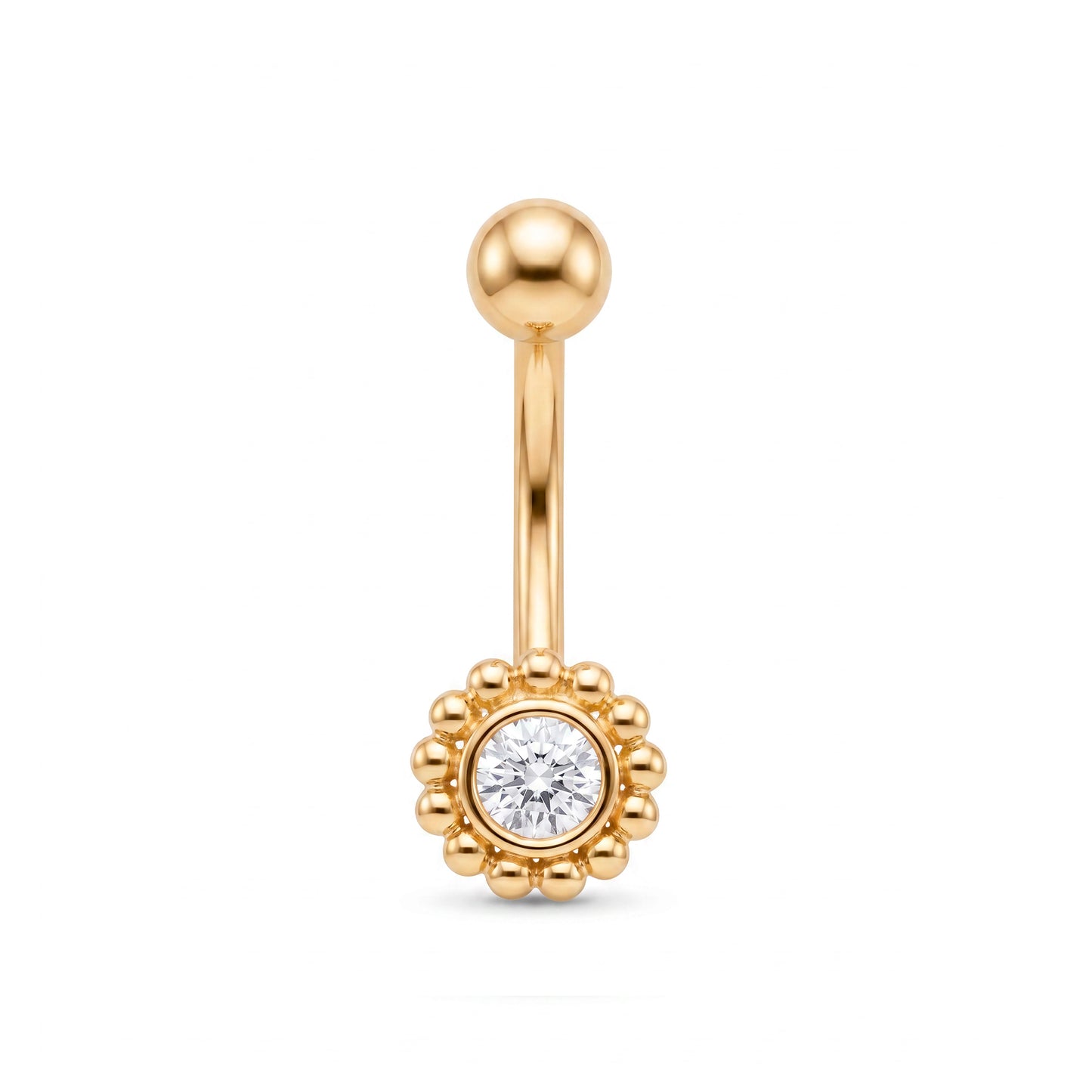 14K Yellow Gold Single White CZ Beaded Flower Belly Ring