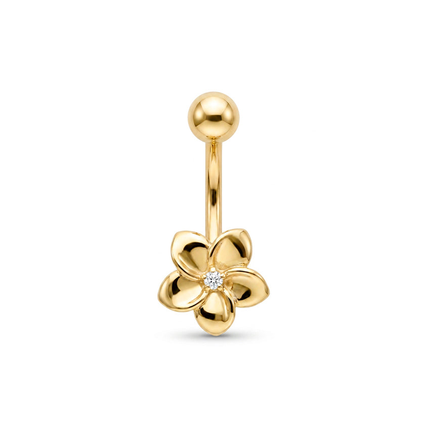 14K Yellow Gold White CZ High Polished Flower Belly Ring