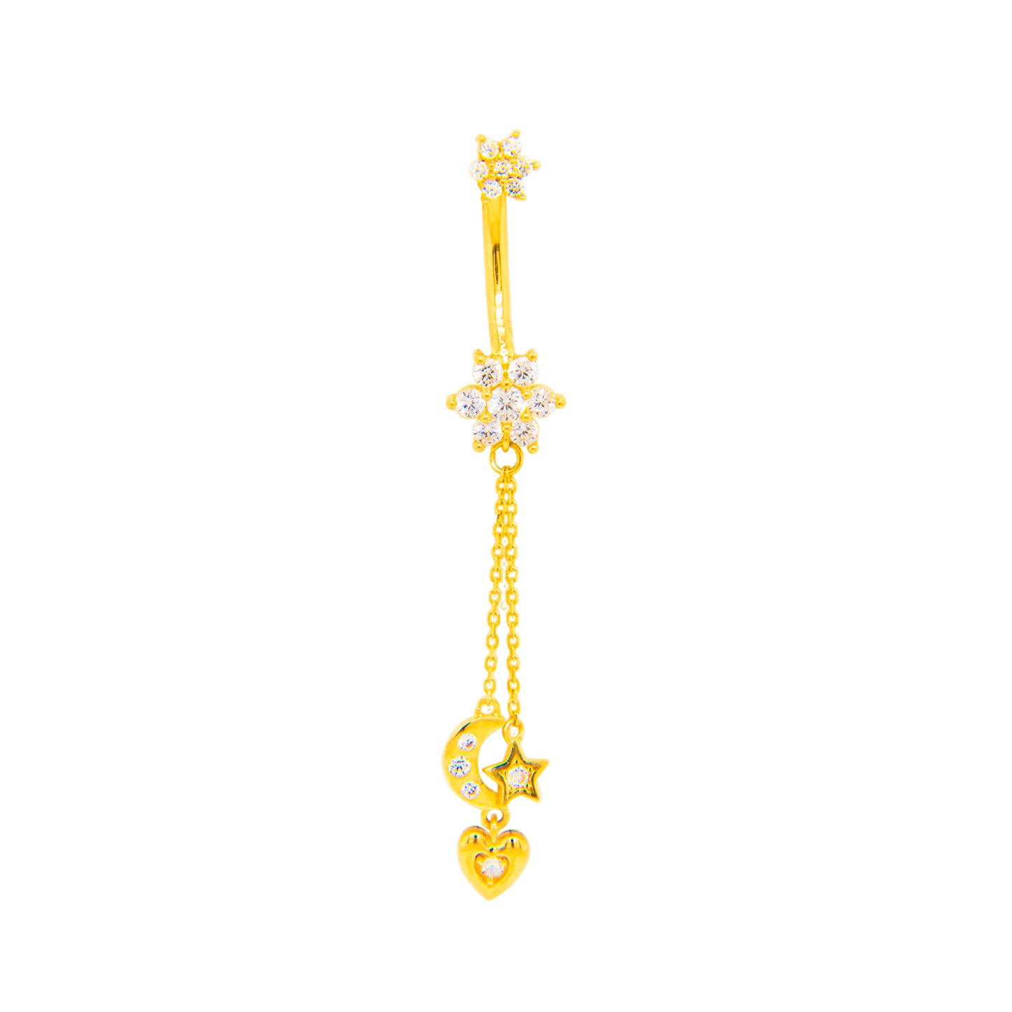 14K Yellow Gold Dangling White CZ Celestial Belly Ring