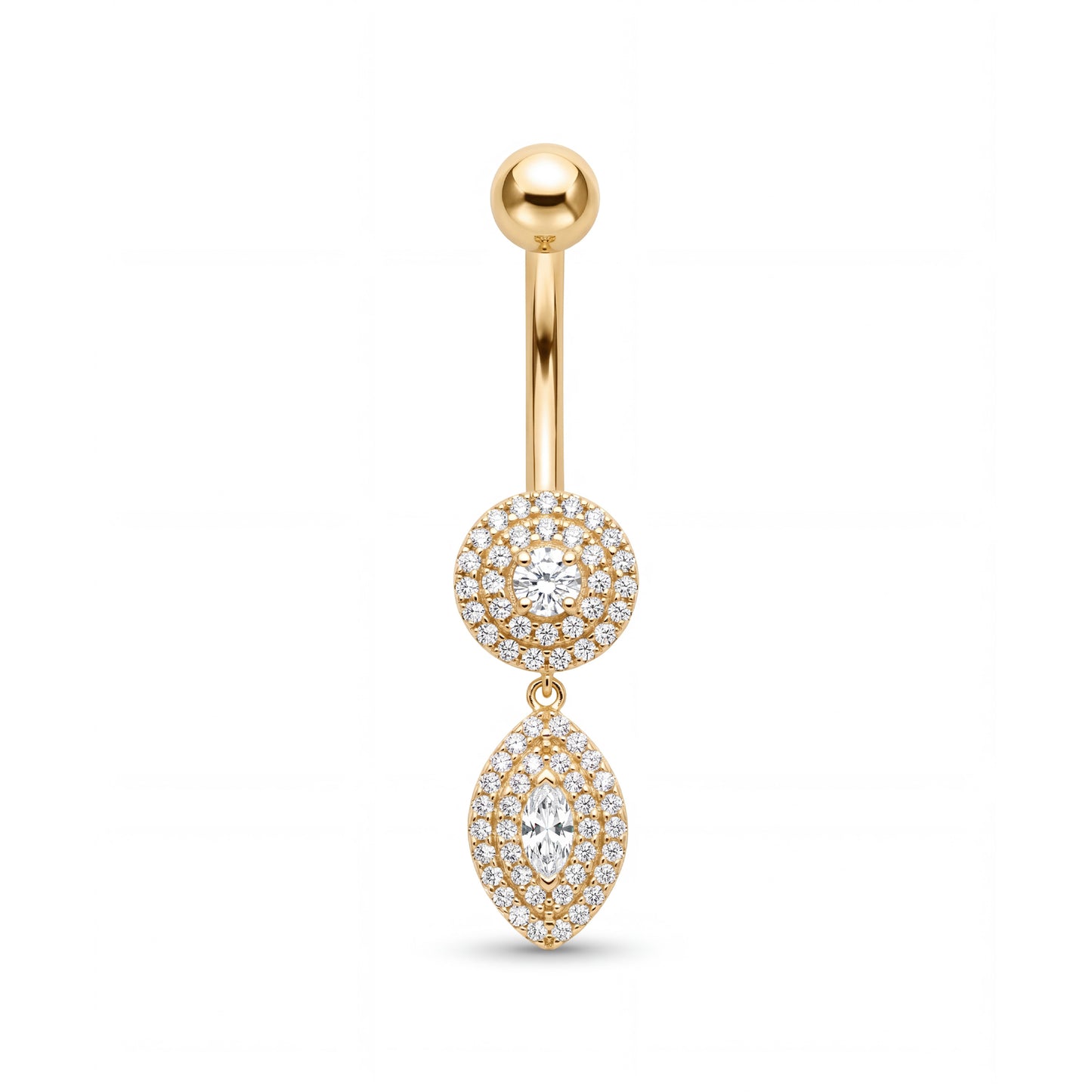 14K Yellow Gold Round & Marquise Halo White CZ Dangle Belly Ring