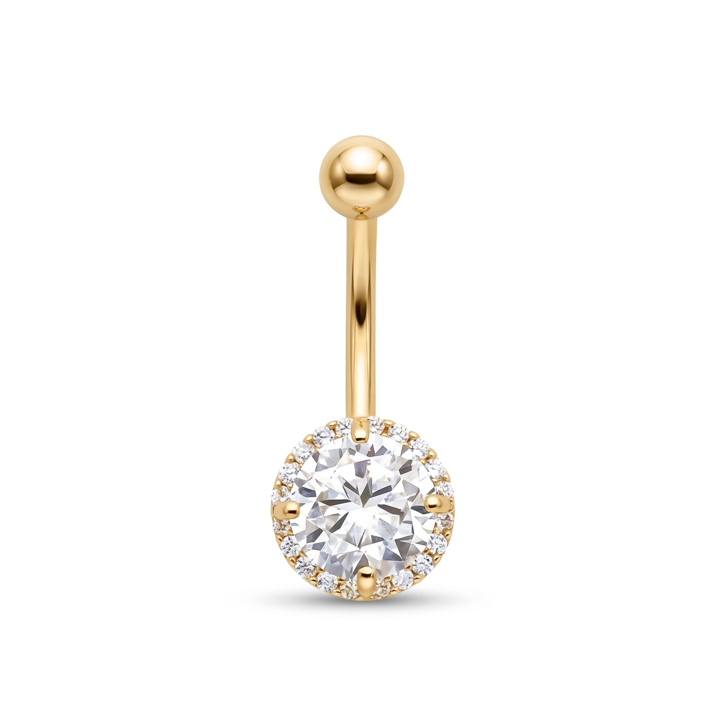 14K Yellow Gold 6MM Classic Round White CZ Halo Belly Ring