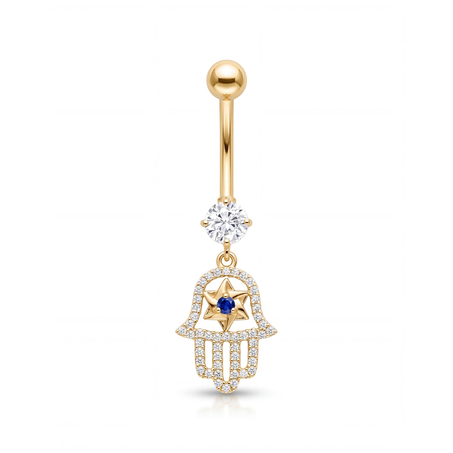 14K Yellow Gold White CZ Hamsa Star Dangle Belly Ring