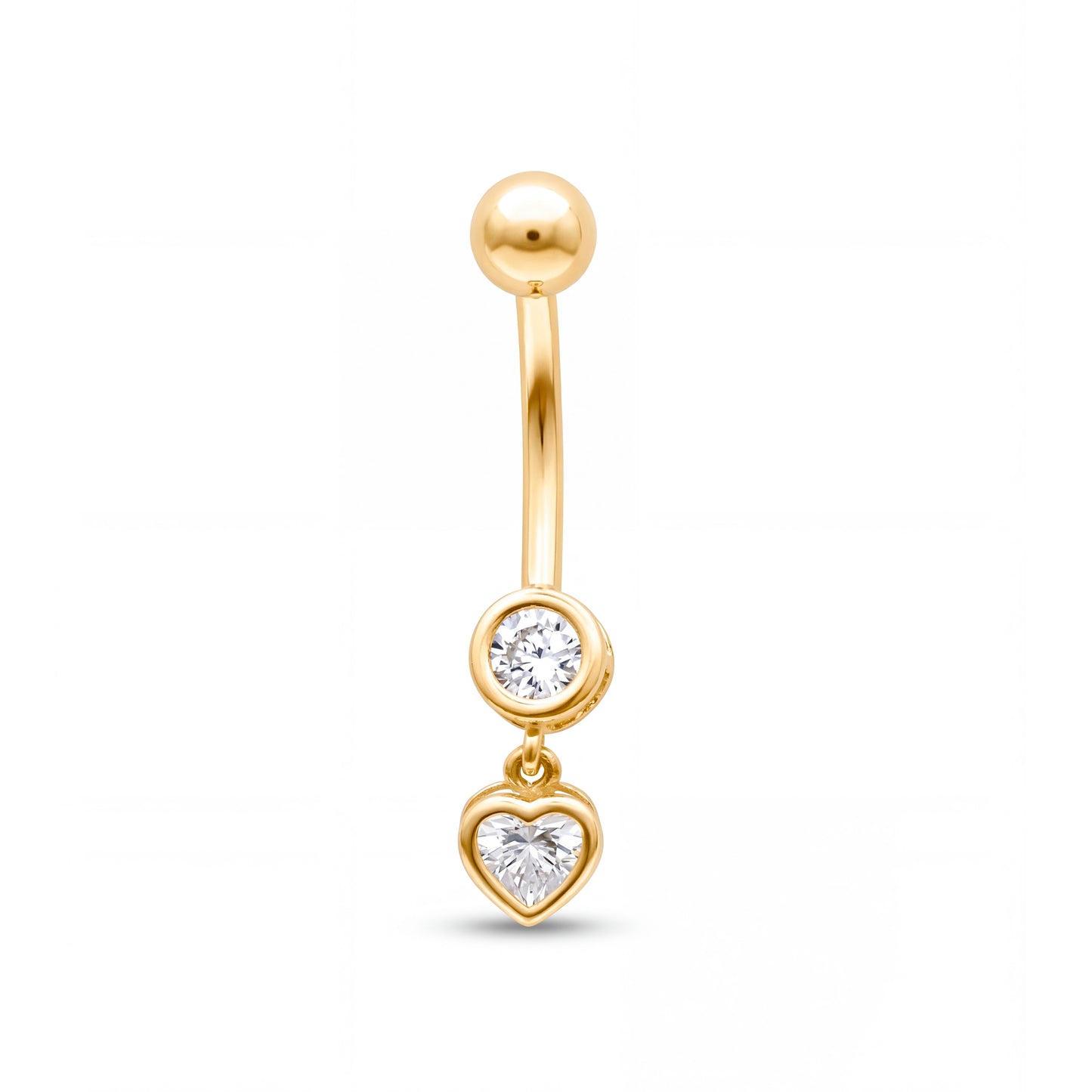 14K Yellow Gold Bezel-Set White CZ Heart Dangle Belly Ring